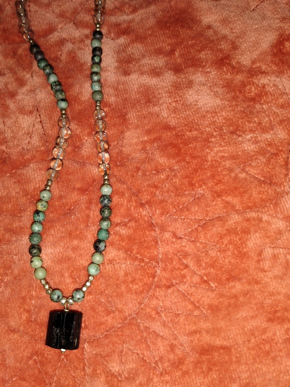 Natural Green Stone Beaded Necklace with Black Pendant - Women Jewelry